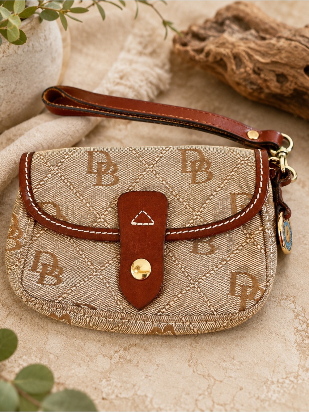 Dooney & Bourke Vintage DB Monogram Wristlet Made in USA Duck Charm